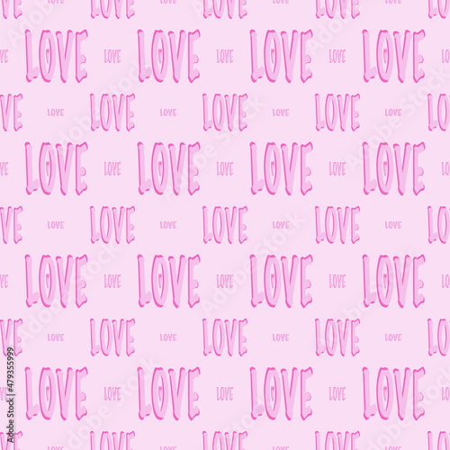 Seamless vector simple text pattern. Pink monochrome Love text are repeating design on pink background.Vector isolate flat design pattern for porcelain fabric  clothes wallpaper tile wrapping paper