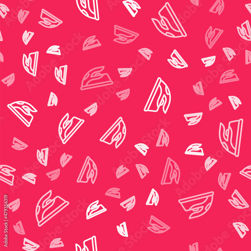 White line Electric iron icon isolated seamless pattern on red background. Steam iron. Vector