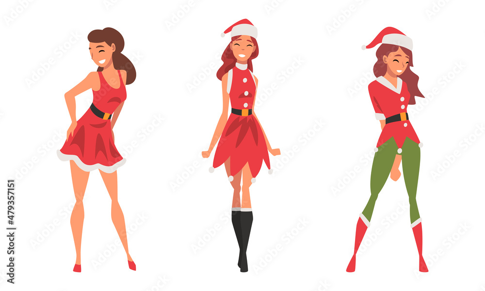 Pretty Woman Wearing Red Santa Claus Costume Standing with Beaming Smile on Her Face Vector Set Pretty Woman Wearing Red Santa Claus Costume Standing with Beaming Smile on Her Face Vector Set