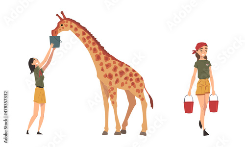 Woman Zookeeper Feeding Giraffe with Bucket Engaged in Daily Care of Animal Vector Set