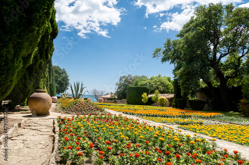 The botanical garden full of colorful flowers in Balchik, Bulgaria