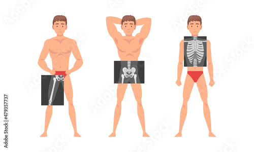 Young Man Standing in Undershorts with His Skeleton X-ray Vector Set