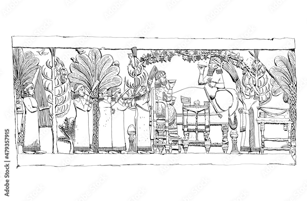 Fototapeta Sketch of reliefs form the king Ashurbanipal palace