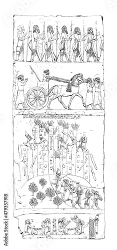 Sketch of reliefs form the king Ashurbanipal palace. Registers shown kings army life, history of invasion.  photo