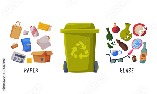 Sorting Garbage with Dustbin and Recycle Trash Object Vector Set