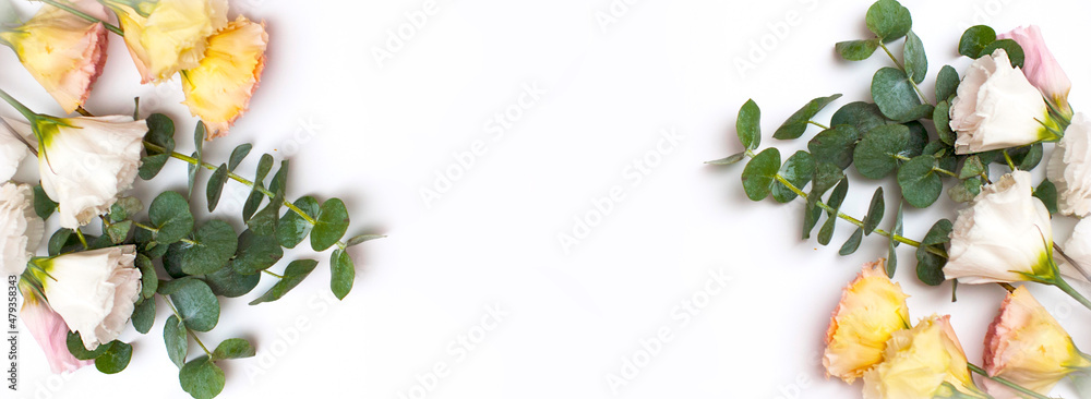 Spring floral banner with white and yellow flowers, eucalyptus leaves on white background Spring floral banner with white and yellow flowers, eucalyptus leaves on white background
