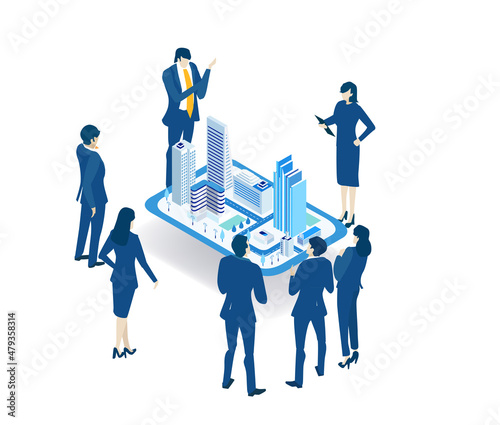 Business people, architects, investors are talking around City model, architectural project. Property strategy isometric illustration 