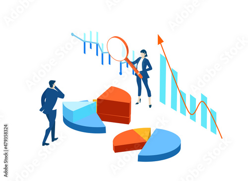Isometric 3D business concept environment, Creative team working together, developing project, reading graphs, analysing data.	
