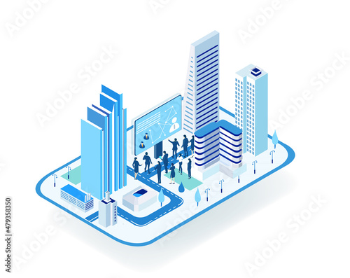 Business, banking, investments in the City. Isometric 3D business concept environment, Creative team working together, developing project. Business, finance, logistics concept.