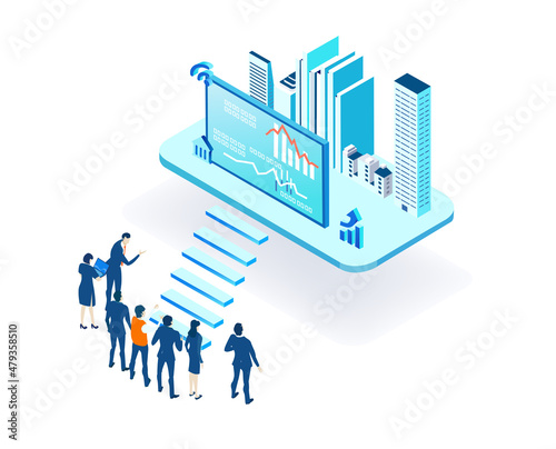 Business, banking, investments in the City. Isometric 3D business concept environment, Creative team working together, developing project. Business, finance, logistics concept.