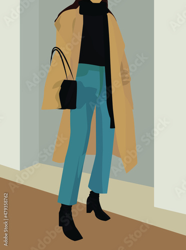 A girl in a bad coat, sweater, jeans, black boots and a bag. Vector flat image of a lady. Design for cards, posters, backgrounds, templates, avatars, t-shirts.