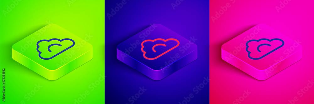 Isometric line Cloud icon isolated on green, blue and pink background. Square button. Vector Isometric line Cloud icon isolated on green, blue and pink background. Square button. Vector