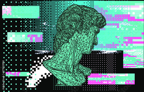 3D illustration of a low poly bust sculpture of a human head on a dark background with glitchy pixels. Vaporwave computer art aesthetics.
