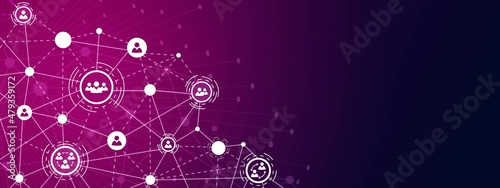 Vector abstract background. Communication grid design, Network connection, plexus. Texture of lines, dots. Neon glow. Icons, symbols of people in circles. Poster technology, business, social networks.