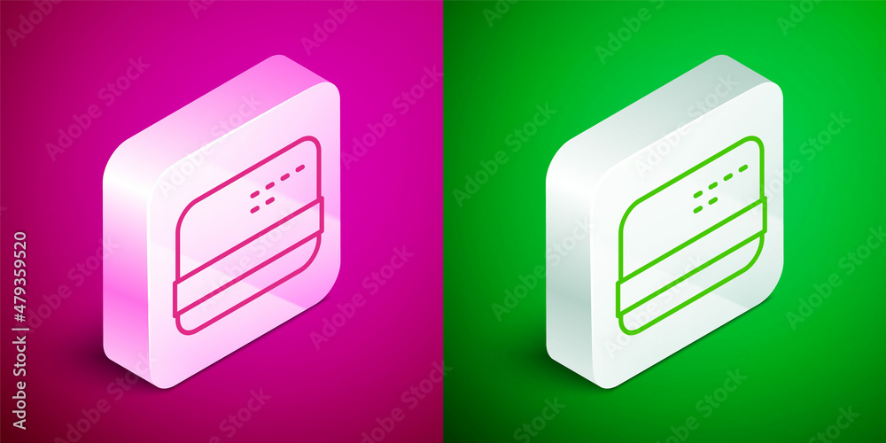 Isometric line Credit card icon isolated on pink and green background. Online payment. Cash withdrawal. Financial operations. Shopping sign. Silver square button. Vector