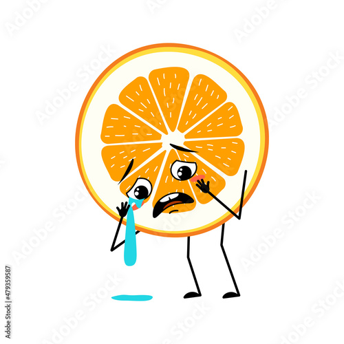Orange character with crying and tears emotion, sad face, depressive eyes, arms and legs. Citrus slice person with melancholy expression, fruit emoticon.