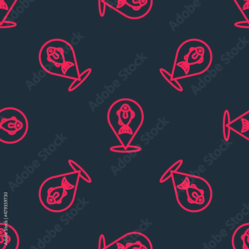 Red line Location fishing icon isolated seamless pattern on black background. Fishing place. Vector © Iryna