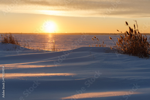 Frozen lake coast at colorful sunset. Shooting from the bottom position. © mikhail_b_azarov