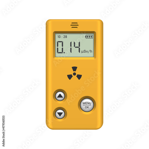 Realistic radiation meter on white background. Radiation dosimeter. Vector illustration.