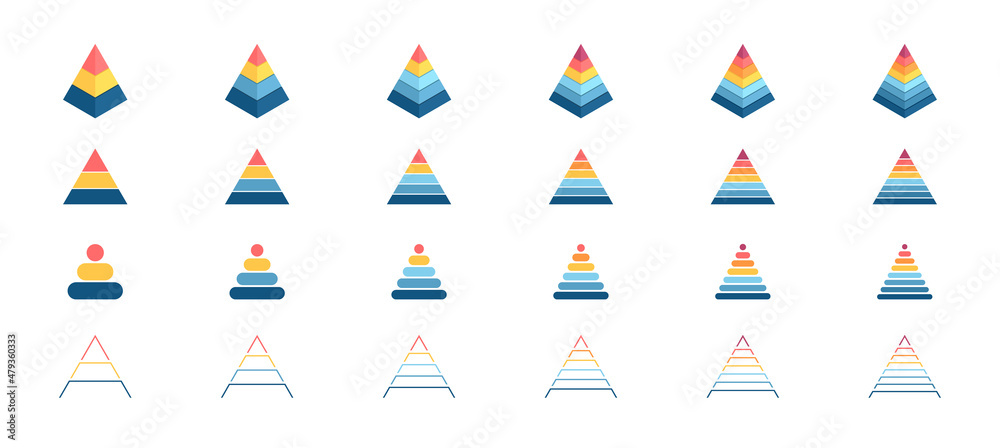 Pyramid chart collection. Pyramid charts for infographics, presentations, business visualization. Vector infographic templates.