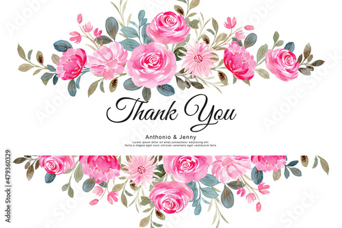 Thank you card with pink watercolor floral border