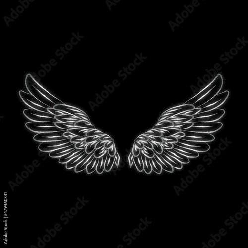 Silver angel wings neon sign, white bright glow, brick wall background, vector illustration. Icon, symbol for poster social network.