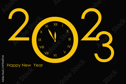 Happy New year 2023 - New Year's card on a black background is written in gold lettering.