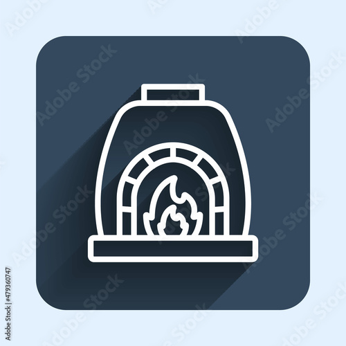 White line Blacksmith oven icon isolated with long shadow background. Blue square button. Vector