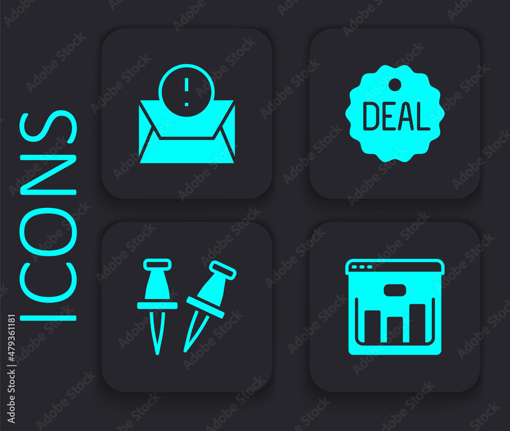 Set Browser with stocks market, Envelope, Deal and Push pin icon. Black square button. Vector Set Browser with stocks market, Envelope, Deal and Push pin icon. Black square button. Vector