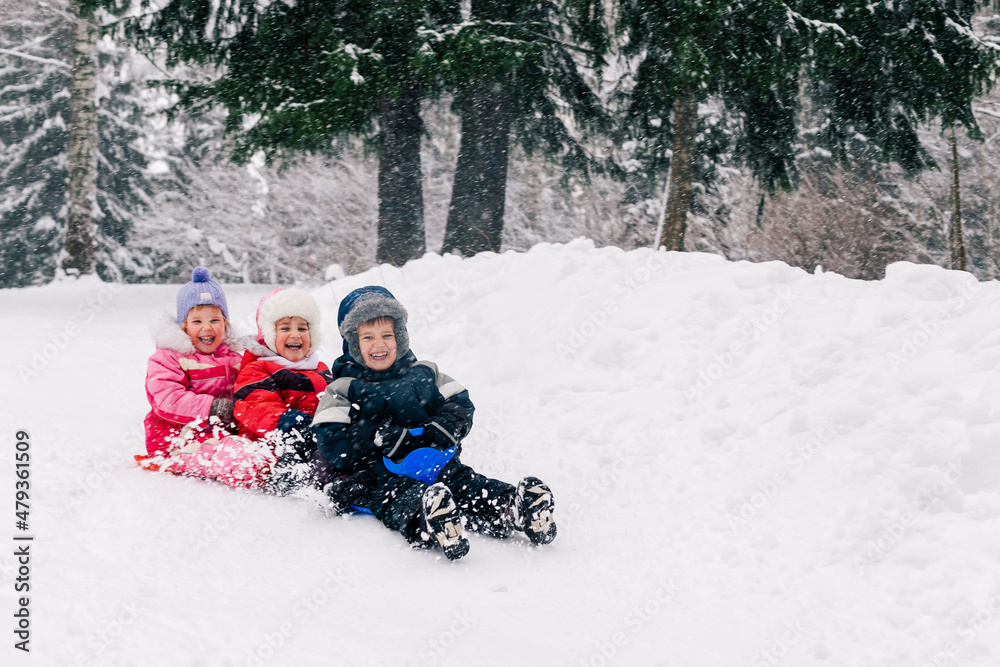 Little caucasian kids in bright clothing laughing looking at camera and toboganning on snow covered hill. Full lengh horizontal shot. Selective focus. Happy childhood and active wintertime concept.