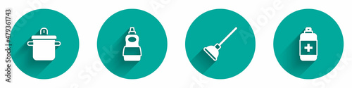 Set Cooking pot, Dishwashing liquid bottle, Rubber plunger and Antibacterial soap icon with long shadow. Vector