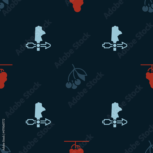 Set Fruit tree, Fresh berries and Rooster weather vane on seamless pattern. Vector