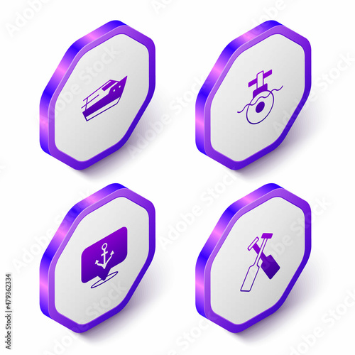 Set Isometric Speedboat, Submarine, Anchor and Crossed oars paddles icon. Purple hexagon button. Vector