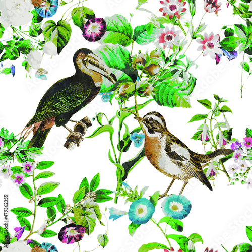 A beautiful and stunning repeated pattern of florals and birds free download perfect for fabrics, t-shirts, mugs, packaging etc