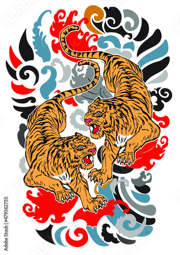 tiger tattoo  Beautiful color Japanese on water splash background