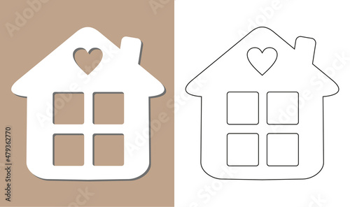 Silhouette of the house with windows and chimney. Laser cutting Vector template. Mockup for wood carving, cnc, paper cutting, sticker, photo frame. Vector EPS10.