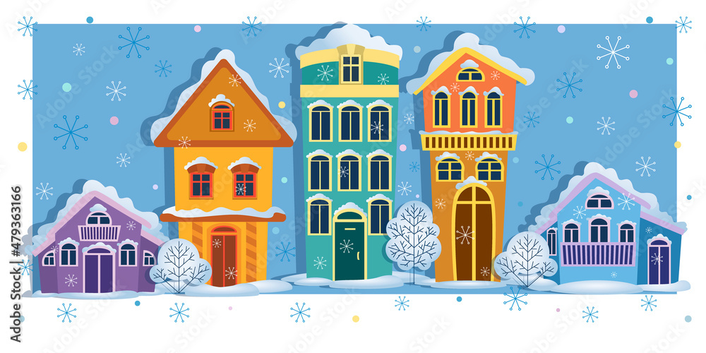 Winter street. Snowfall. Vector poster with cartoon houses. Design for a cover, illustration book