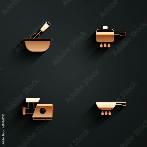 Set Cooking whisk with bowl, pot on fire, Kitchen meat grinder and Frying pan icon with long shadow. Vector