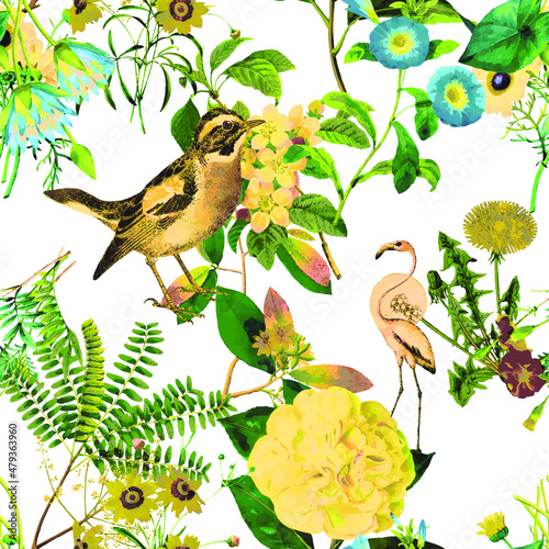 A beautiful and stunning repeated pattern of florals and birds free download perfect for fabrics, t-shirts, mugs, packaging etc