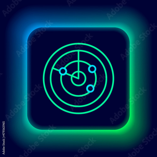 Glowing neon line Radar with targets on monitor in searching icon isolated on black background. Search system. Navy sonar. Colorful outline concept. Vector