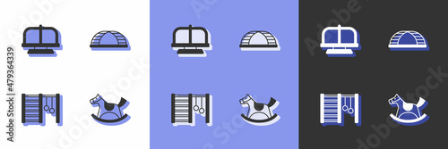 Set Horse in saddle swing, Attraction carousel, Swedish wall and Monkey bar icon. Vector