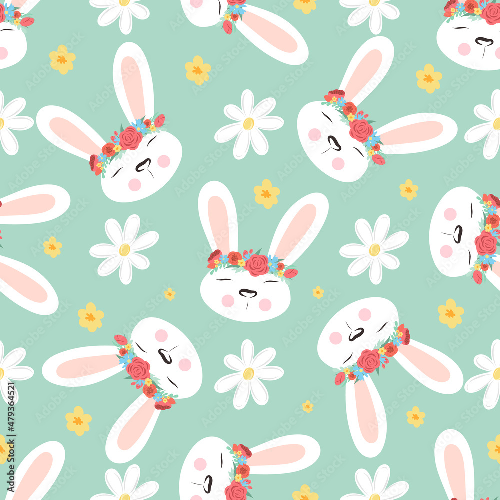 Vector easter seamless pattern. Rabbit and flowers in mint background Vector easter seamless pattern. Rabbit and flowers in mint background