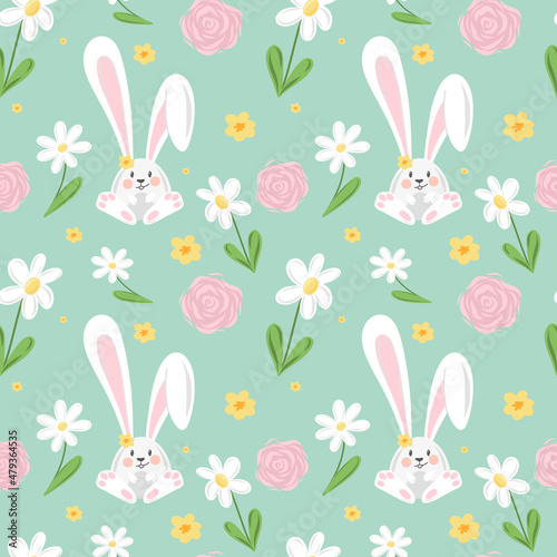 Vector easter seamless pattern. Cartoon bunny and flowers in green background 