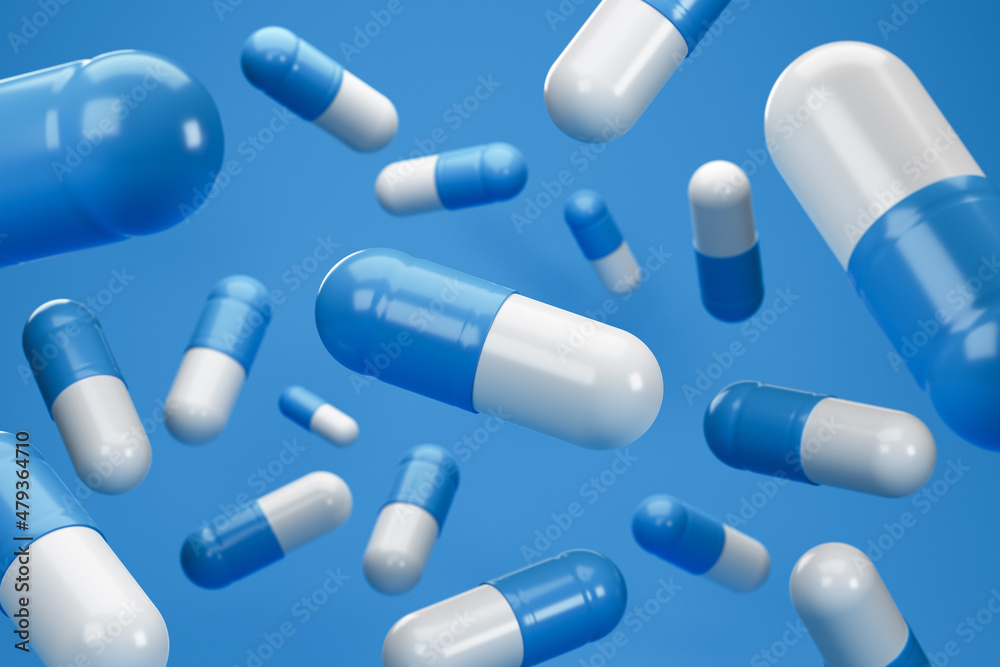 Blue white pills falling on a blue background. 3D rendering.