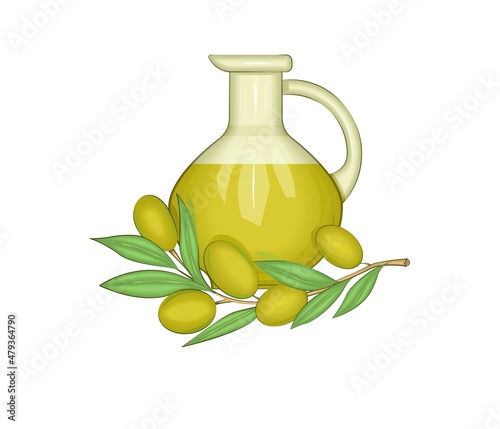 A jug of olive oil and a branch of olive. Sample. Background.