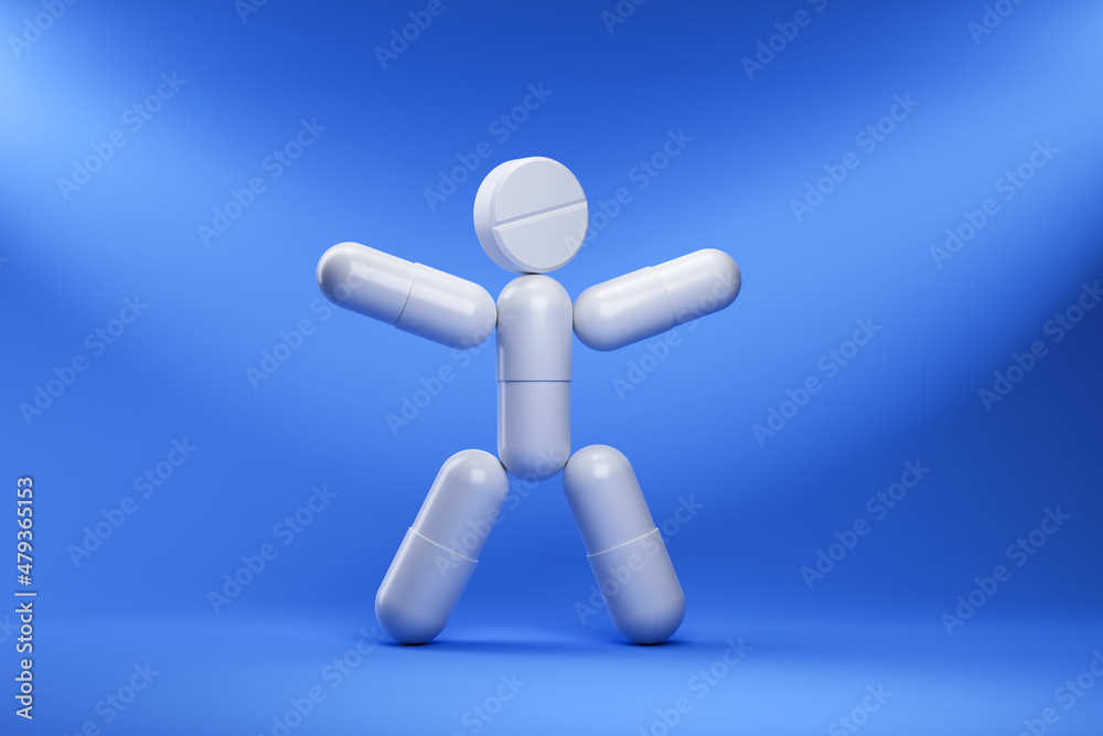 Stick figure from white pills on a blue background. Medicine and health concept. 3d rendering. Stick figure from white pills on a blue background. Medicine and health concept. 3d rendering.