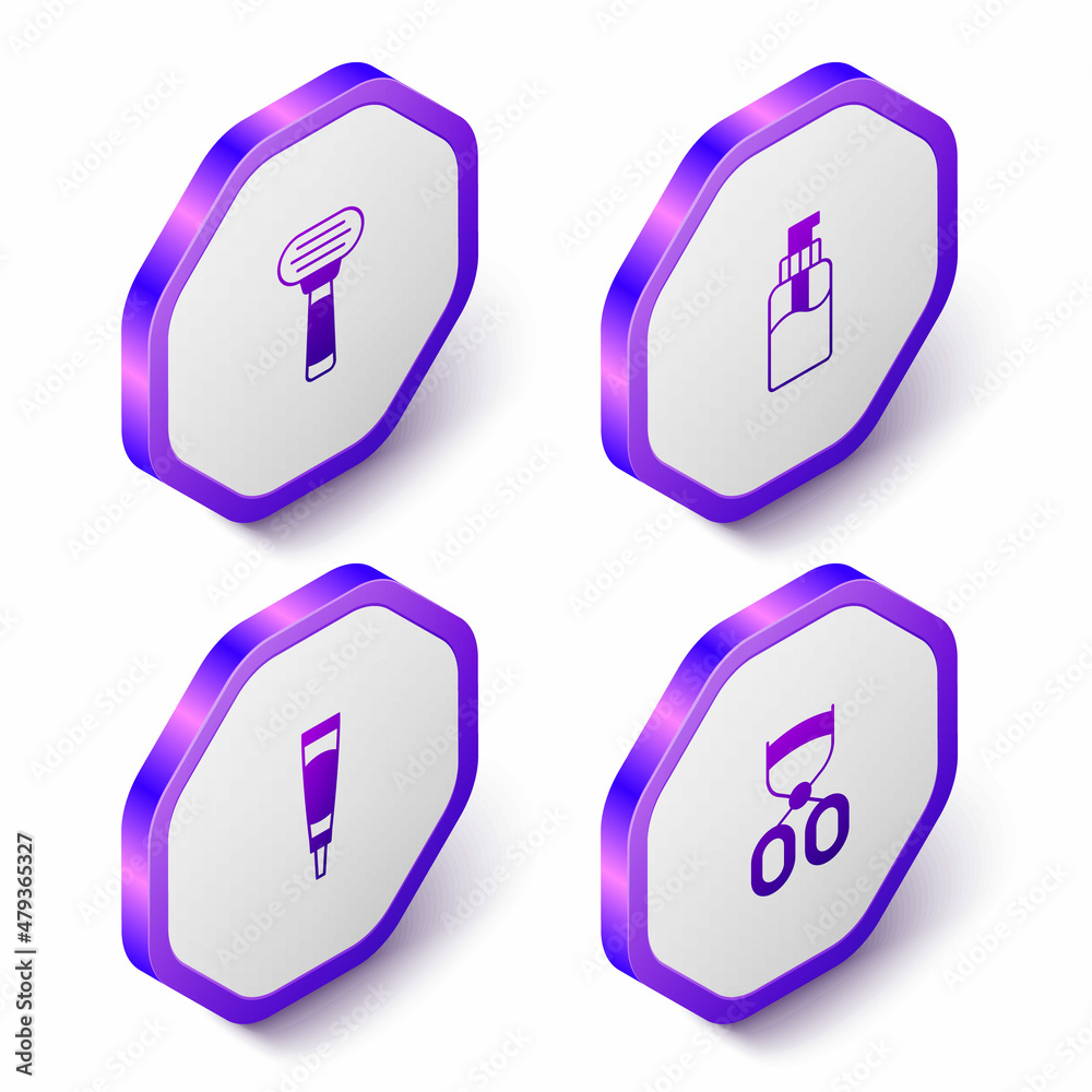 Set Isometric Shaving razor, Bottle of liquid soap, Cream lotion cosmetic tube and Eyelash curler icon. Purple hexagon button. Vector Set Isometric Shaving razor, Bottle of liquid soap, Cream lotion cosmetic tube and Eyelash curler icon. Purple hexagon button. Vector