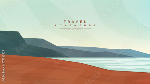 Vector illustration. Minimalist polygonal design. Nature landscape background. Panoramic view. Design element for web banner, website template with text. Cartoon flat style. Hills by water. Cloudy sky