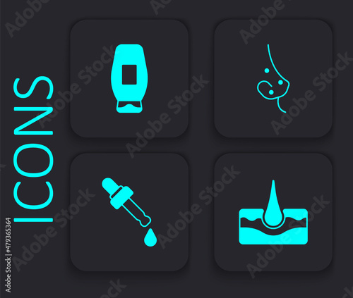 Set Human hair follicle  Bottle of shampoo  Acne and Pipette with oil icon. Black square button. Vector