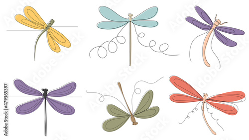 dragonflies drawing by one continuous line  isolated  vector